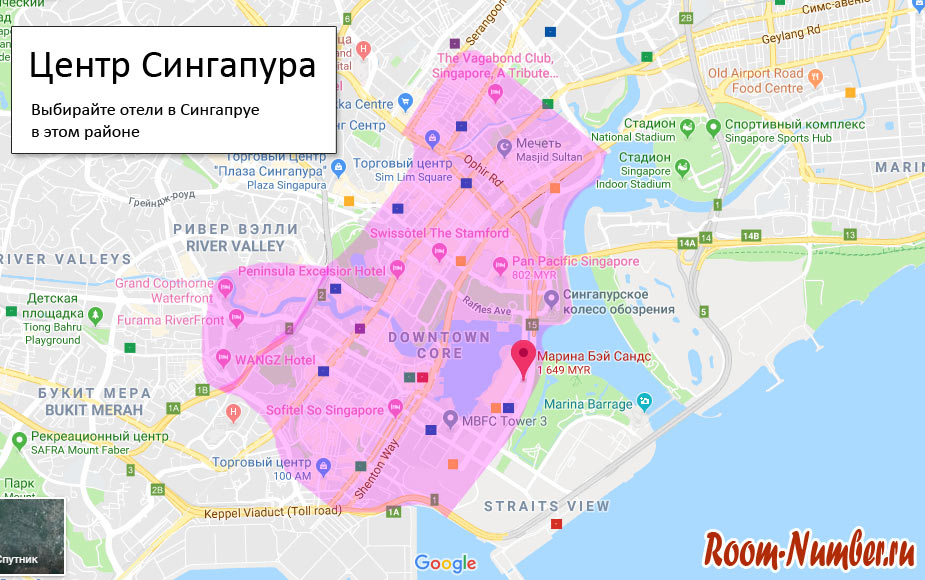 Карта центральных районов Сингапура, где лучше всего искать отели
