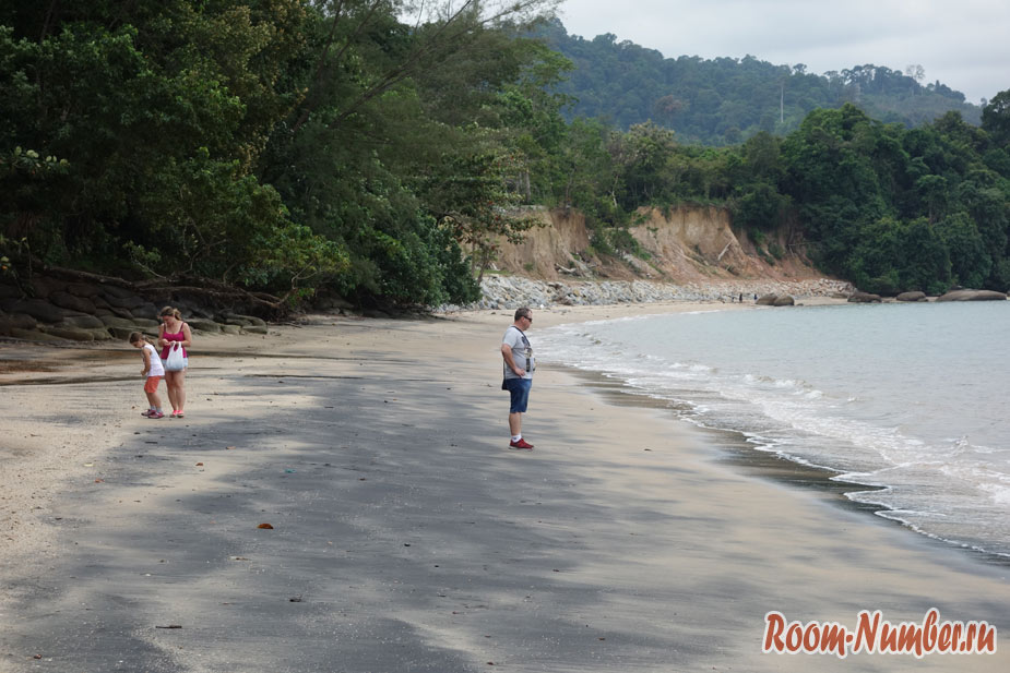 Туристы гуляют по пляжу с черным песком