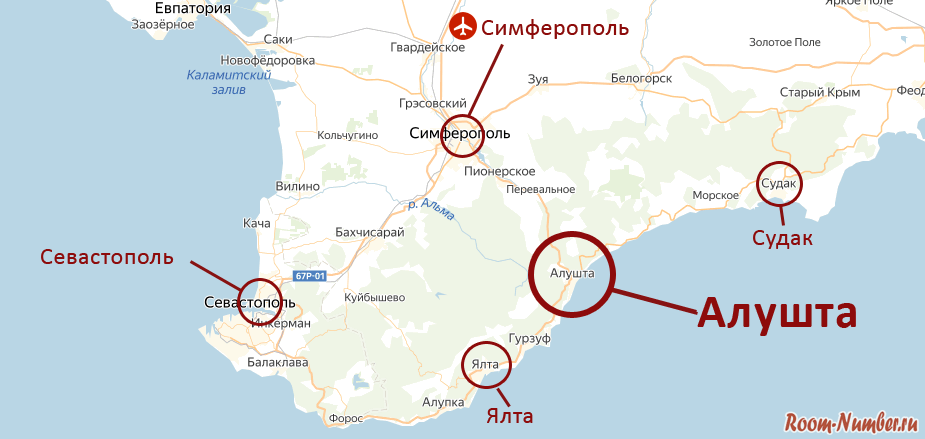 Курорт Алушта на карте Крыма